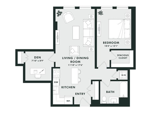 Floor plan for 1 bed, 1 bath, 837 sqft